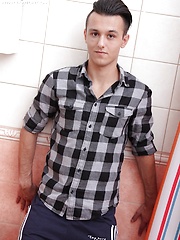 Joseph Sydney gets hard while naked in the bathroom.