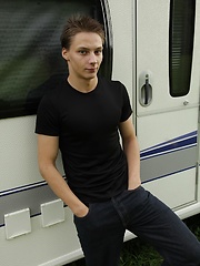 Gorgeous Lee Foxx jerks off outside of his camper.