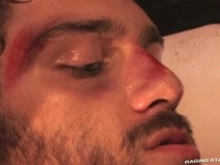 Bruised boxer Tommy jerks it & shoots cum into his own mouth