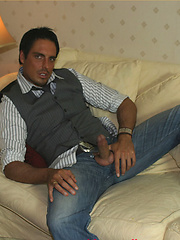 Marcello relaxes with a glass of red wine and his firm cock in his hand by With Marcello image #7