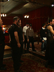 Partygoers beat and skull fuck a big dick stud in bondage. by Bound in Public image #8
