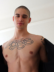 Hot tattooed boy jacking off by Bentley Race image #6