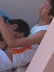 Steamy piss session starts on the stairs to the apartment, and continues in the shower. by Gay Asian Piss image #5