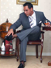 Marcello takes off his suit and tie to wank in his shiny black stockings by With Marcello image #10