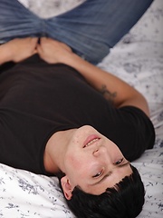 Smooth chested Zac plays with his cock on the futon. by BF Collection image #7