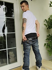 Tattooed Peter Kone masturbates on the front porch. by BF Collection image #9