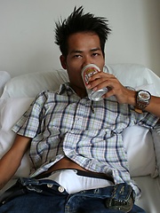 Cute Asian boy sipping beer before guzzling cum