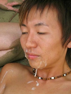 3 hot studs with huge big cocks and massive cum shoot their loads all over a sweet boy\\\'s eager face. by BoyKakke by BoyKakke image #14