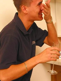 Cute lad drinks champagne and jerking off