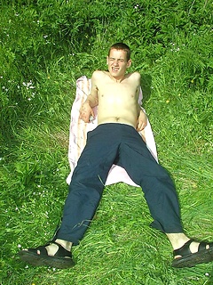 Sweet young twink strips outside and shows his hard cock and hairy ass.
