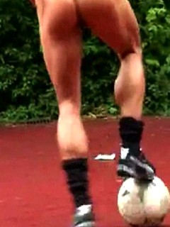 Horny footballer practicing keeping his ball up while totally naked! 