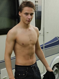 Gorgeous Lee Foxx jerks off outside of his camper.