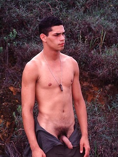Latino army mechanic naked outdoors