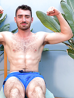 Hairy Young Muscular Hunk Wanks his Big Uncut Cock & Shoots Cum all over his Shorts!